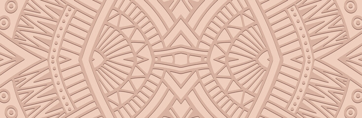Banner, cover design. Embossed ethnic vintage 3d pattern on a pink background, handmade style. Tribal exotic geometric ornaments for websites, presentations.