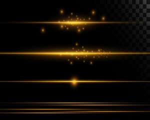 Set of golden neon lines, rays of light with dust and explosions of stars on a transparent background. Vector illustration