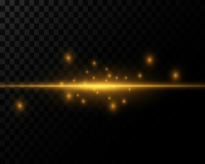 Golden neon lines, rays of light with dust, glitter and explosions of stars on a transparent background. Vector illustration