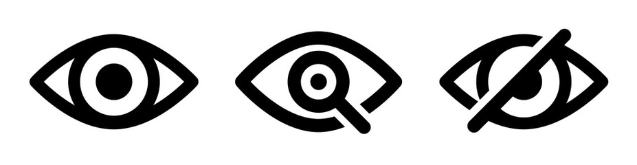 Eye icons set. See and unsee eye symbol. Magnifier with eye icon. Eyesight symbol. Retina scan eye icons. Simple eyes collection. Eye silhouette - stock vector. - obrazy, fototapety, plakaty