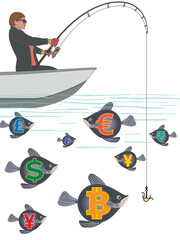 businesswoman fishing in a boat for different types of currency isolated on a white background