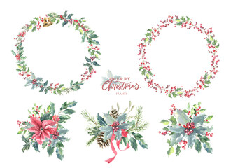 Merry Christmas watercolor illustration set.Winter forest pine, cone, holly berry,bird,poinsettia. Woodland floral, animal frame,wreath,bouquet. Create greeting card, invitation,postcard,design diy 