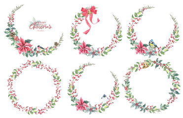 Merry Christmas watercolor illustration set.Winter forest pine, cone, holly berry,bird,poinsettia. Woodland floral, animal frame,wreath,bouquet. Create greeting card, invitation,postcard,design diy 