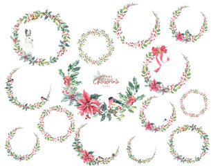 Merry Christmas watercolor illustration set.Winter forest pine, cone, holly berry,bird,poinsettia. Woodland floral, animal frame,wreath,bouquet. Create greeting card, invitation,postcard,design diy 