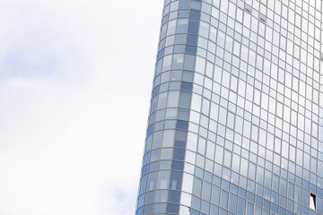 underside panoramic and perspective view to steel blue glass high rise building skyscrapers, business concept of successful industrial architecture