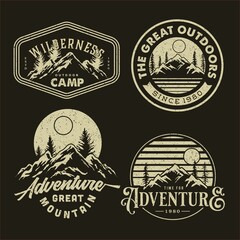 Fototapeta premium hipster mountain rustic badge design for t-shirt. set collection of vintage adventure badge. Camping emblem logo with mountain illustration in retro style isolated on black background 