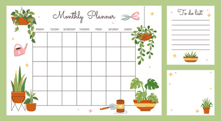 Set of 3 lists: daily planner list, note paper, to do list decorated with house plants and inspirational quote. Flat vector