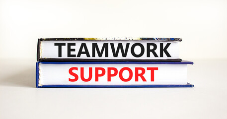 Teamwork support symbol. Concept words Teamwork support on books on a beautiful white table white background. Business and teamwork support concept. Copy space.