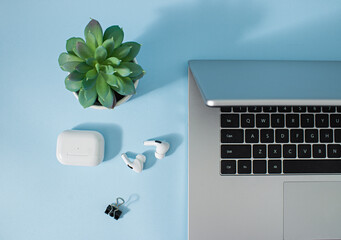 Creative office environment and working atmosphere for working at home. Coffee, laptop, phone and...
