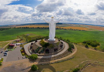 Aerial view of Christ the King Statue in Swiebodzin, Poland. Drone shot.