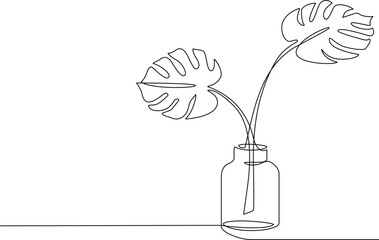 One line drawing of House plant monstera in pot. Continuous line handdrawn of Beautiful flower Isolated. Minimalist Vector illustration of tree. Editable stroke