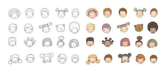 Faces of children. Cute cartoon boys and girls of different nationalities. Avatars set of funny kids. - Vector - 517255197
