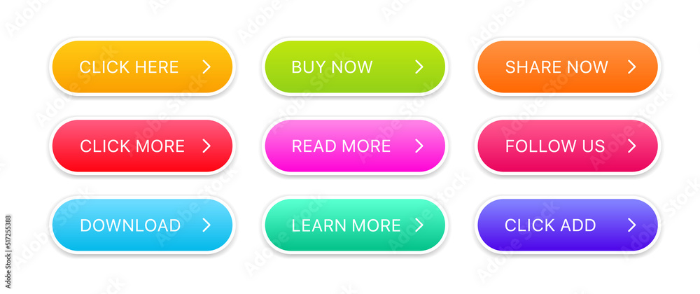 Aufkleber Click here web buttons. Set of action button read share follow buy learn download. Click button. Modern action button mouse click symbol.