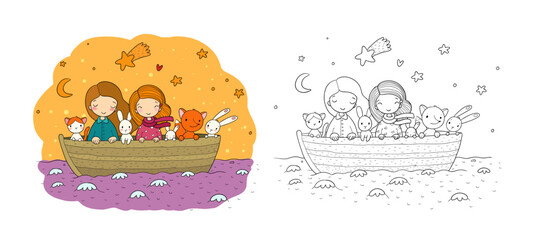 Cute cartoon sisters swim in a boat with hares, a cat and a fox. Little girls and funny animals - 517255306
