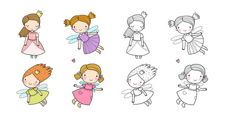 Set with cute cartoon fairies. Wood elves. Little girls princess with wings fly over flowers. Funny ladybug. Vector illustration © Natallia_Chatkova