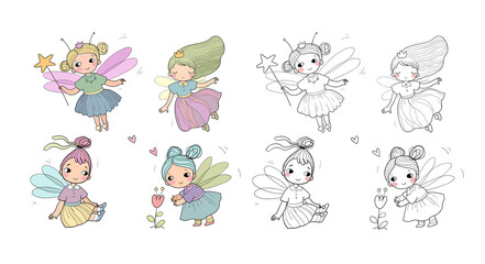 Set with cute cartoon fairies. Wood elves. Little girls princess with wings fly over flowers. Funny ladybug. Vector illustration