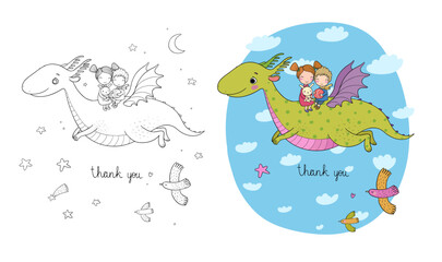 cute little kids are flying a dragon. Cartoon brother, sister and dinosaur.