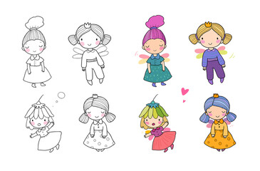 Set with cute cartoon fairies. Wood elves. Little girls princess with wings fly over flowers. Funny ladybug. Vector illustration