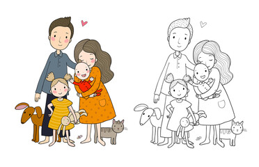 Fototapeta premium A happy family. Parents with children. Cute cartoon dad, mom, daughter and baby. Funny pet cat and dog