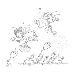 cute cartoon fairies. Wood elves. Little girls princess with wings fly over flowers. Funny ladybug. Vector illustration
