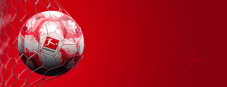 Guilherand-Granges, France - July 15, 2022. Bundesliga of Germany. Soccer ball in net with official logo of the Bundesliga. 3D rendering.