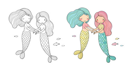 Set with cute little mermaids. cartoon girls with fish tails. Marine theme. - 517255709