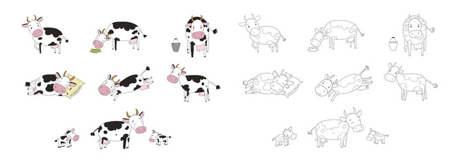 Set with cute cartoon cow. Farm animals - 517255735