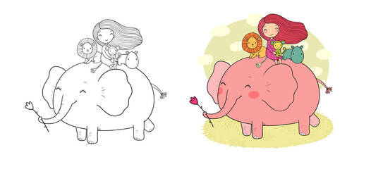Cute cartoon girl, elephant, monkey and hippo. African animals.