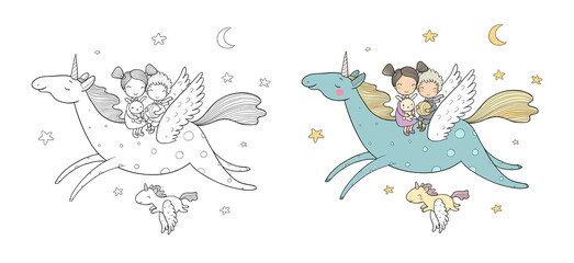 Fototapeta na wymiar Prince and princess are flying on a unicorn. Cute cartoon kids and magic pony.