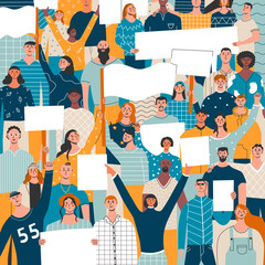 People with placards and posters. Group of protestors fist raised up in the air. Supporting the protests against. Crowd of mans and womans on demonstration. Flat vector illustration in trendy colors