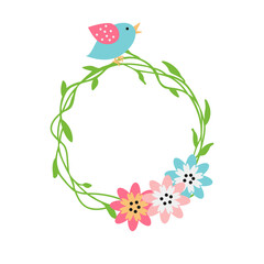Hello spring flowers wreath. Cute hand drawn green yellow floral element Fresh spring graphic design Vector