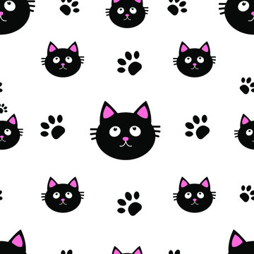 black and white pattern of cat tracks and cat head. funny children's pattern.black and white pattern
