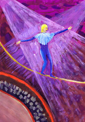 The tightrope walker performs in the circus in the light of floodlights. Children's drawing
