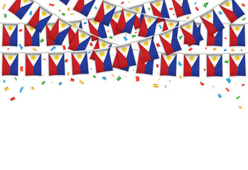 Philippines flags garland white background with confetti, Bunting for Filipino Independence Day celebration template banner, Vector illustration