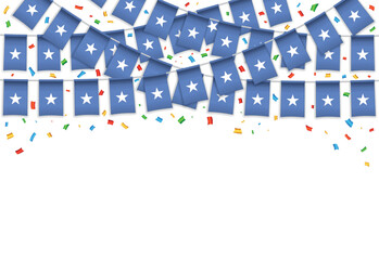 Somalia flags garland white background with confetti, Hang bunting for Somali independence Day celebration template banner, Vector illustration