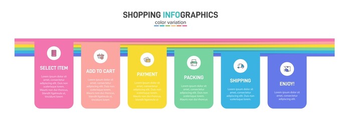 Concept of shopping process with 6 successive steps. Six colorful graphic elements. Timeline design for brochure, presentation, web site. Infographic design layout.