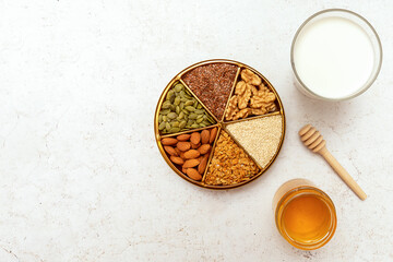A round plate with nuts and seeds, honey, bread and milk stand on a table with a light background. Concept: proper nutrition, breakfast, healthy food.