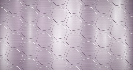 Abstract metallic background in purple colors with highlights and a big voluminous convex hexagonal plates