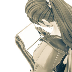 warrior girl is reading the news on a tablet rear view