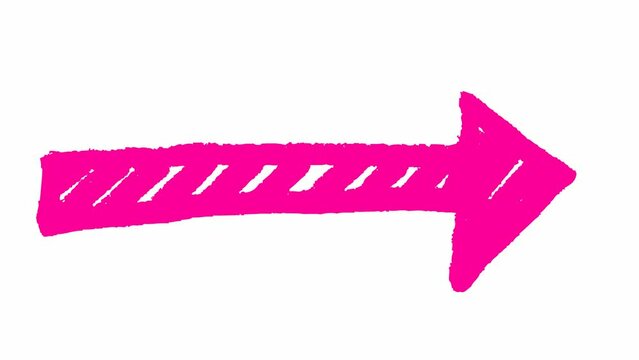 Animated symbol of arrow. Hand drawn pink arrow points to the right. Vector illustration isolated on white background.