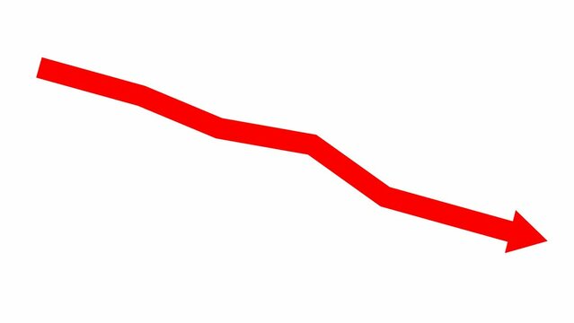 Animated red arrow. Recession chart of economy. Economic crisis, recession, decrease graph. Profit down. Vector illustration isolated on white background.