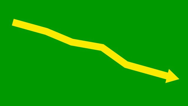 Animated yellow arrow. Recession chart of economy. Economic crisis, recession, decrease graph. Profit down. Vector illustration isolated on green background.