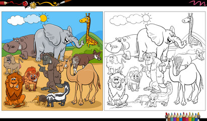 cartoon wild animal characters group coloring page