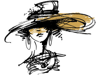 Fashion. Portrait woman in hat. Girl's face. Head. Retro. fashion design sketch