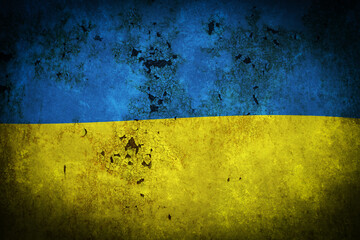 Flag Ukraine is depicted on an old, rusty, cracked surface.