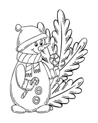Coloring book snowman spruce branch line art. Cute winter character in hat with lollipops. Hand drawn vector black and white illustration.