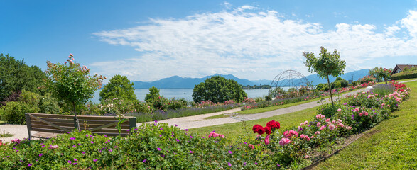 Fototapeta premium beautiful landscape park with wooden bench, tourist resort Gstadt, lake chiemsee and alps in the back