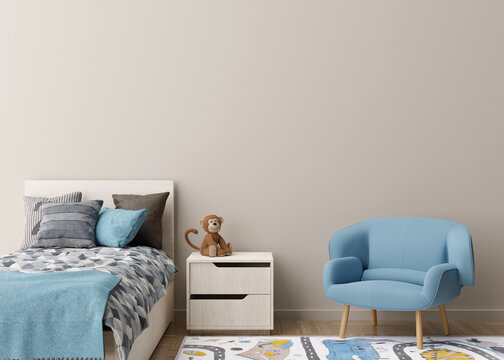 Empty cream wall in modern child room. Mock up interior in scandinavian style. Copy space for your picture or poster. Bed, armchair, toy. Cozy room for kids. 3D rendering.
