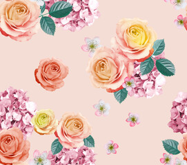 Fashion digital pattern photo print rose flowers - bright floral ornament on bege background.