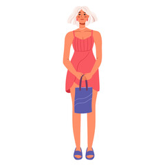 Modern woman wearing fashion summer clothes and bag. Blonde female in stylish dress, flip flops. Trendy casual look. Flat vector illustrations